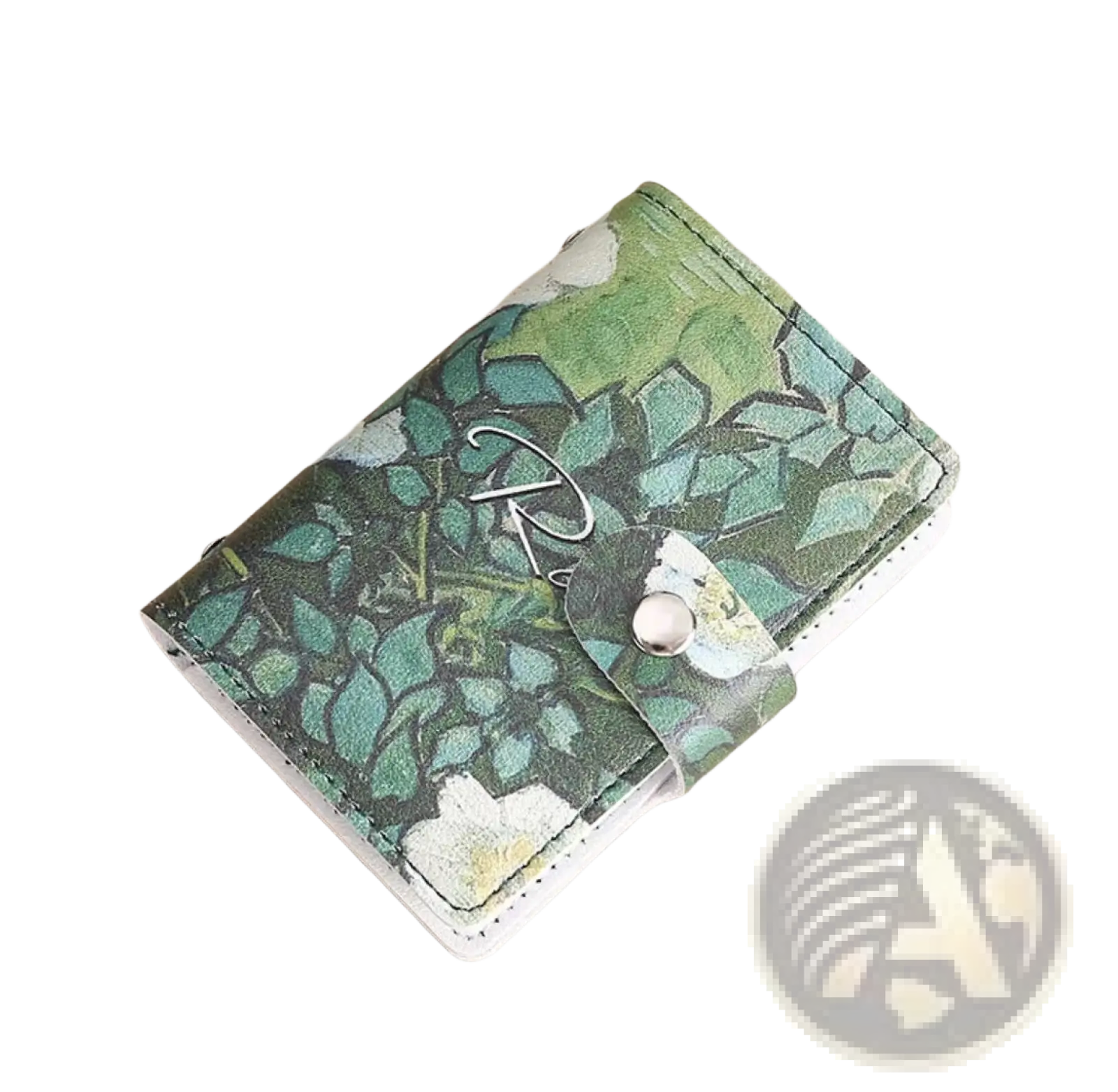 Vintage floral pu leather multi slot card holder wallet with green leaf pattern, silver monogram clasp, and white stitching