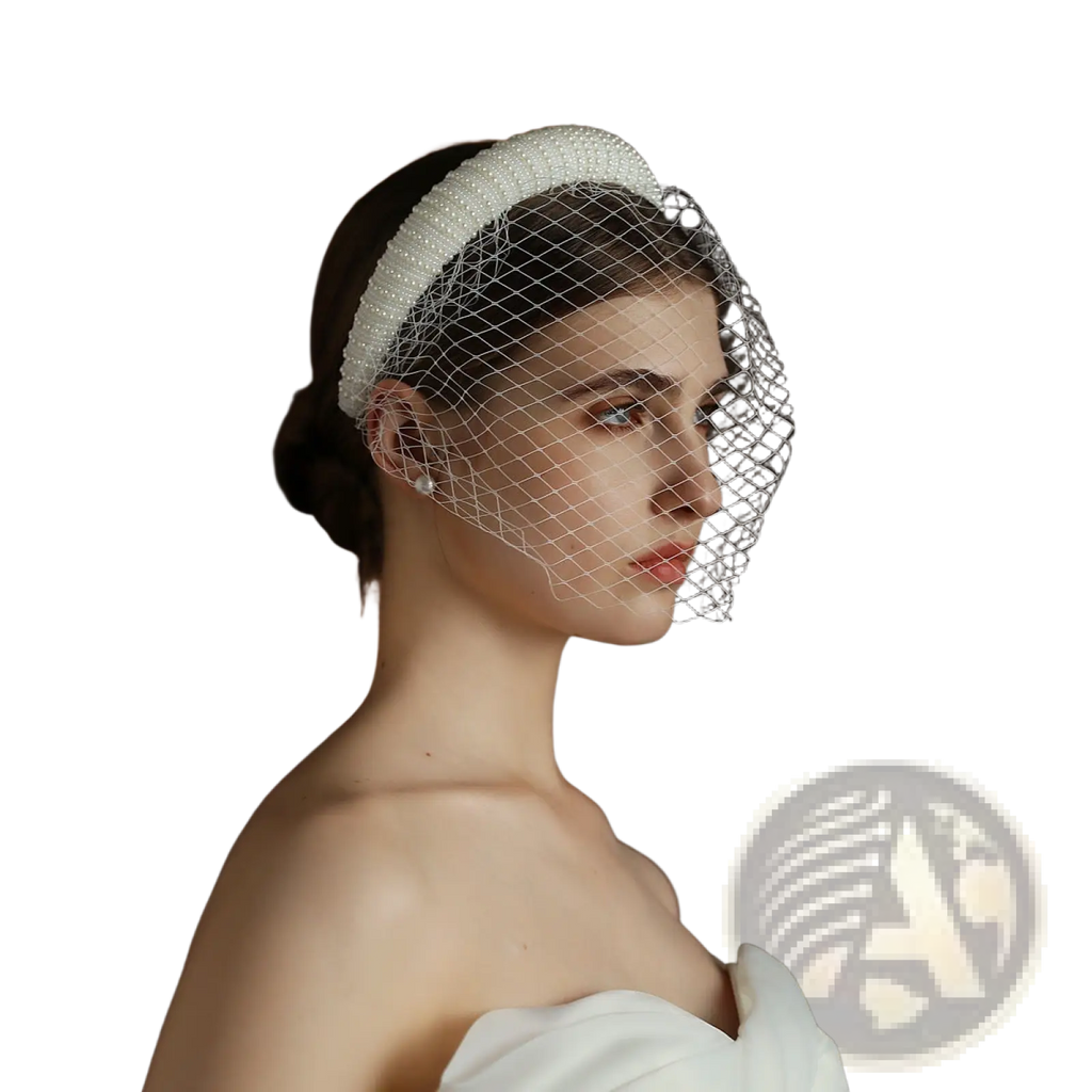 Vintage French Hepburn beaded bridal veil headband in white with delicate beads and a fine mesh veil
