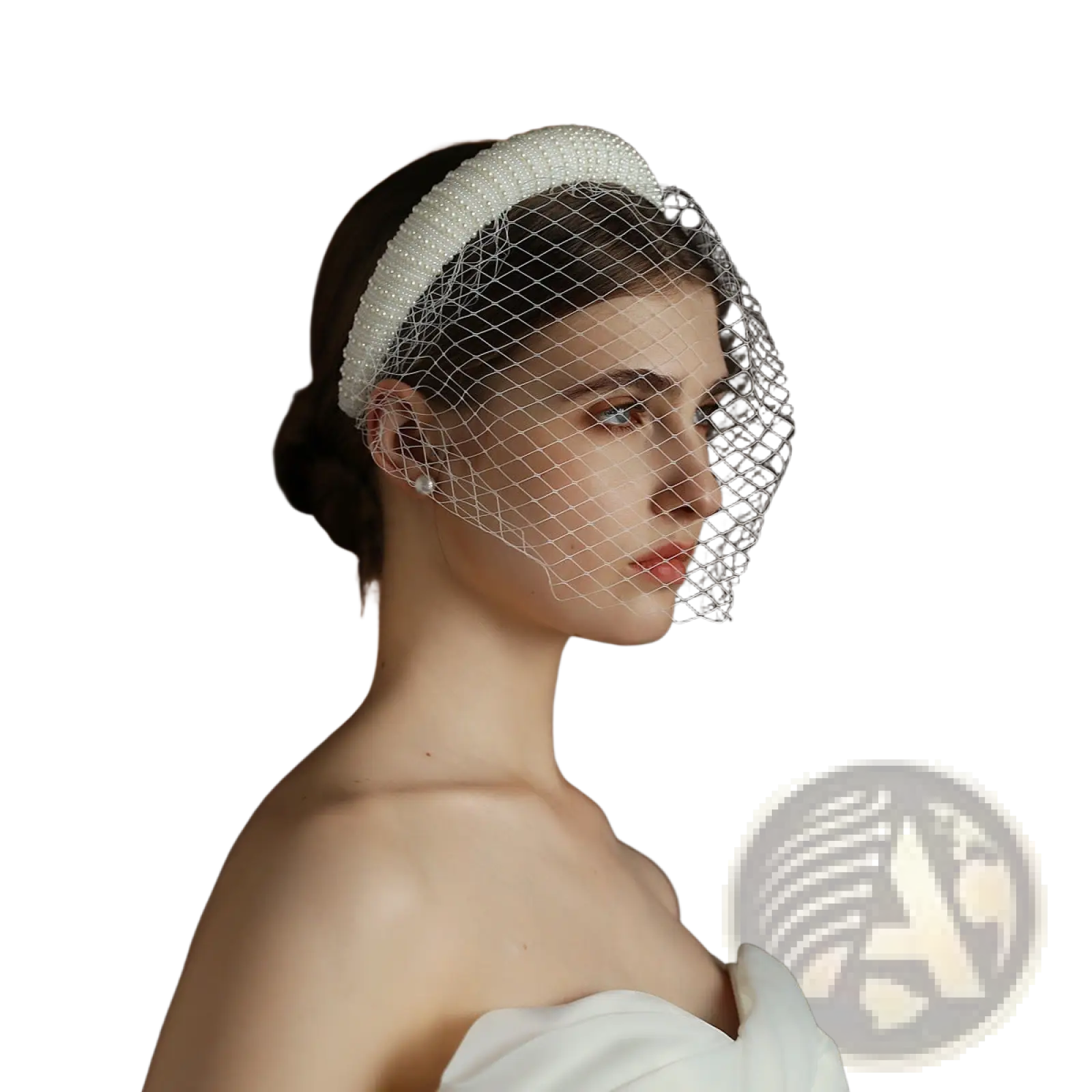 Vintage French Hepburn beaded bridal veil headband in white with delicate beads and a fine mesh veil