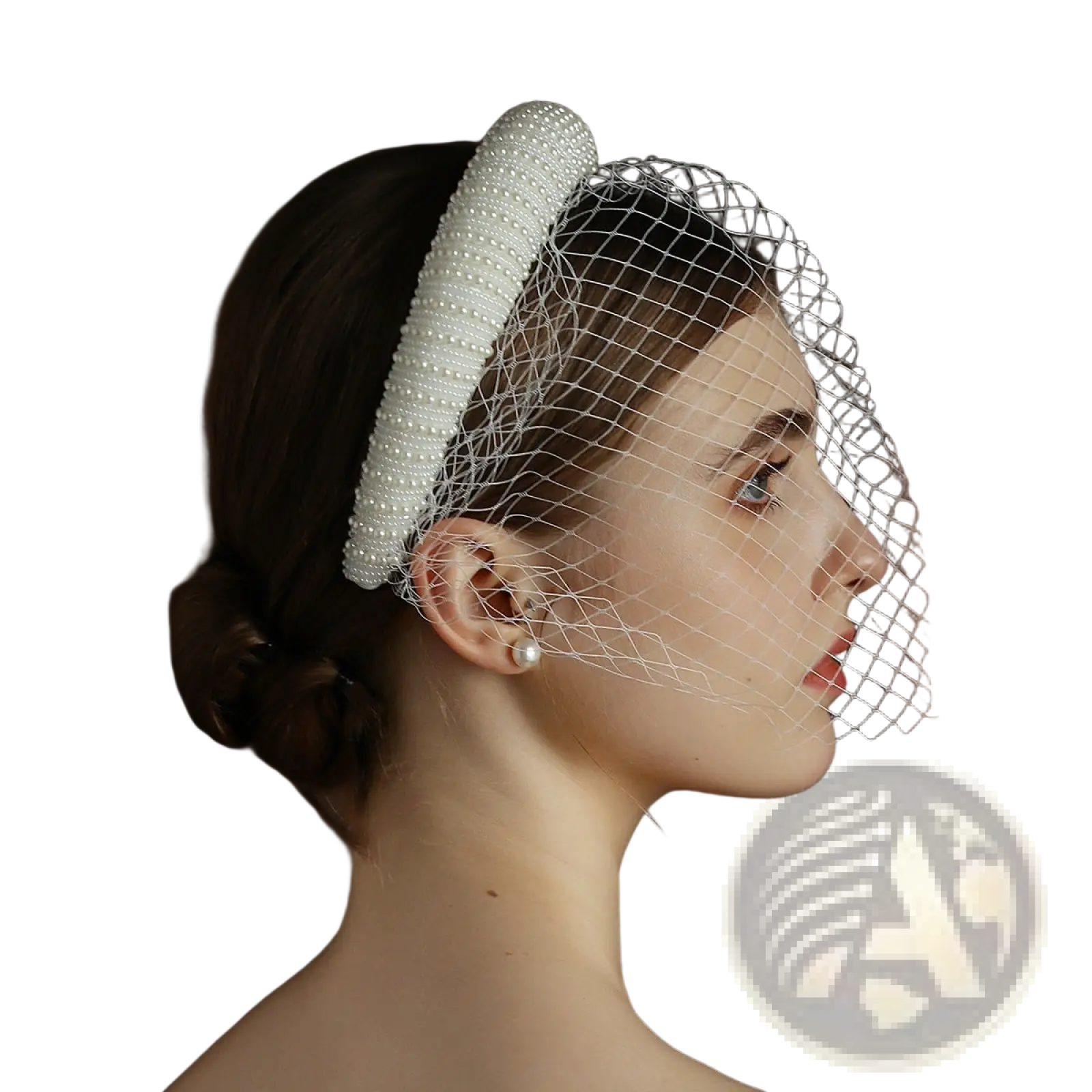 Vintage French Hepburn beaded bridal veil headband in white with delicate beads and a fine mesh veil