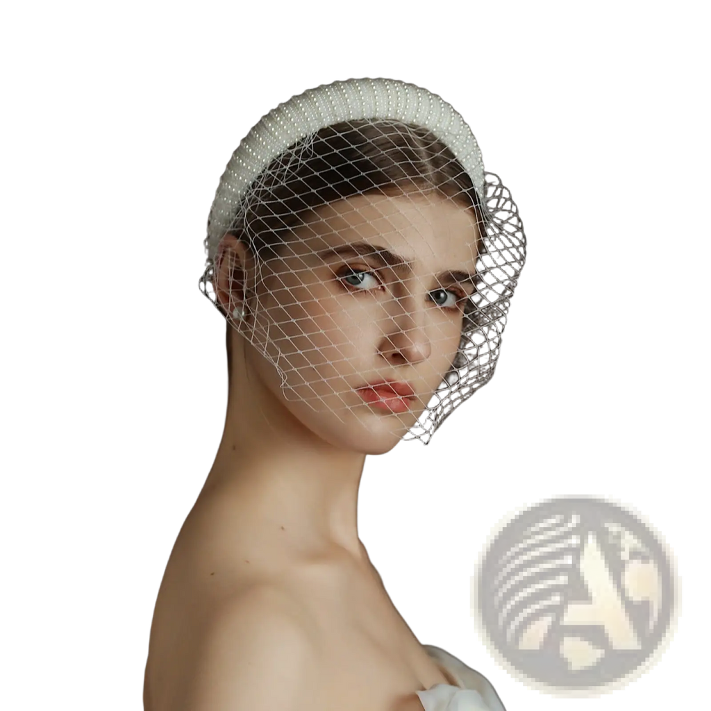 Vintage French Hepburn beaded bridal veil headband featuring a delicate white beaded headpiece with a fine mesh veil