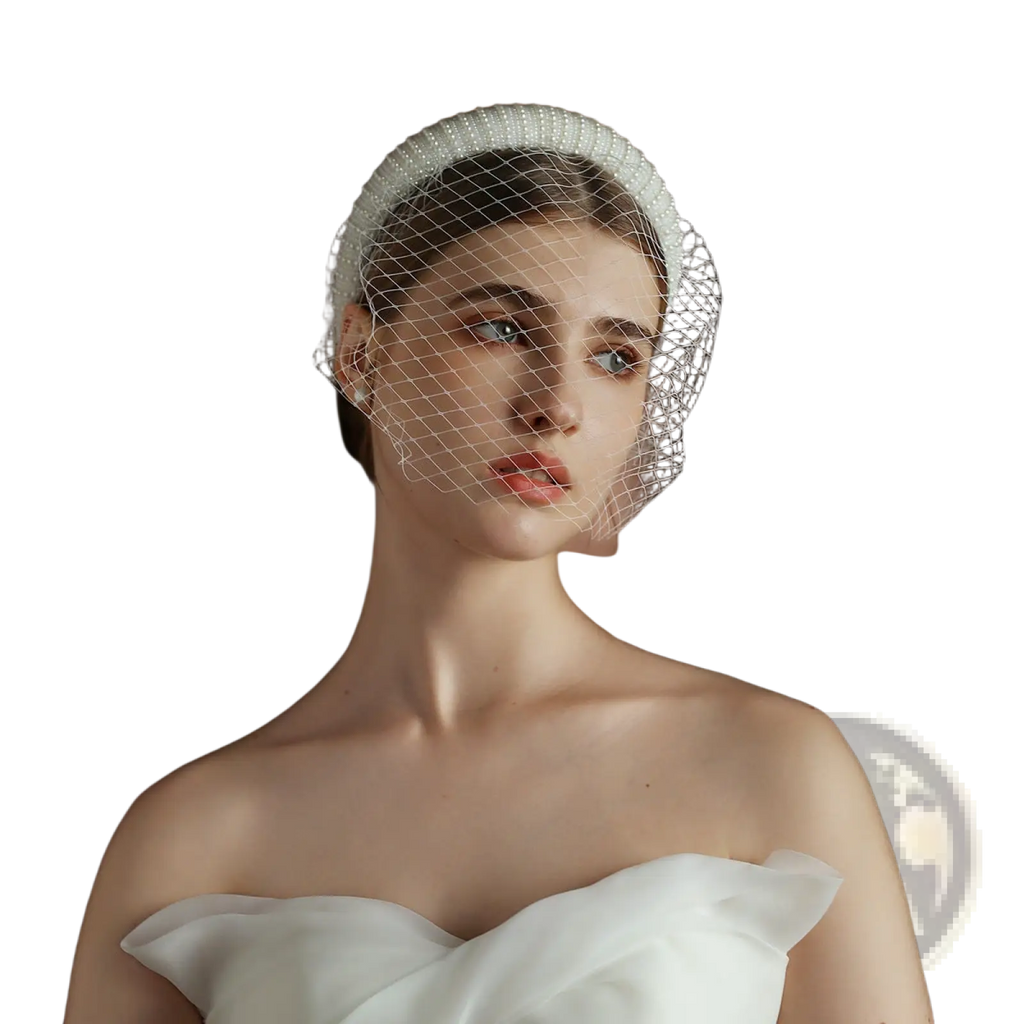 Vintage French Hepburn beaded bridal veil headband featuring a delicate white beaded veil with fine mesh netting