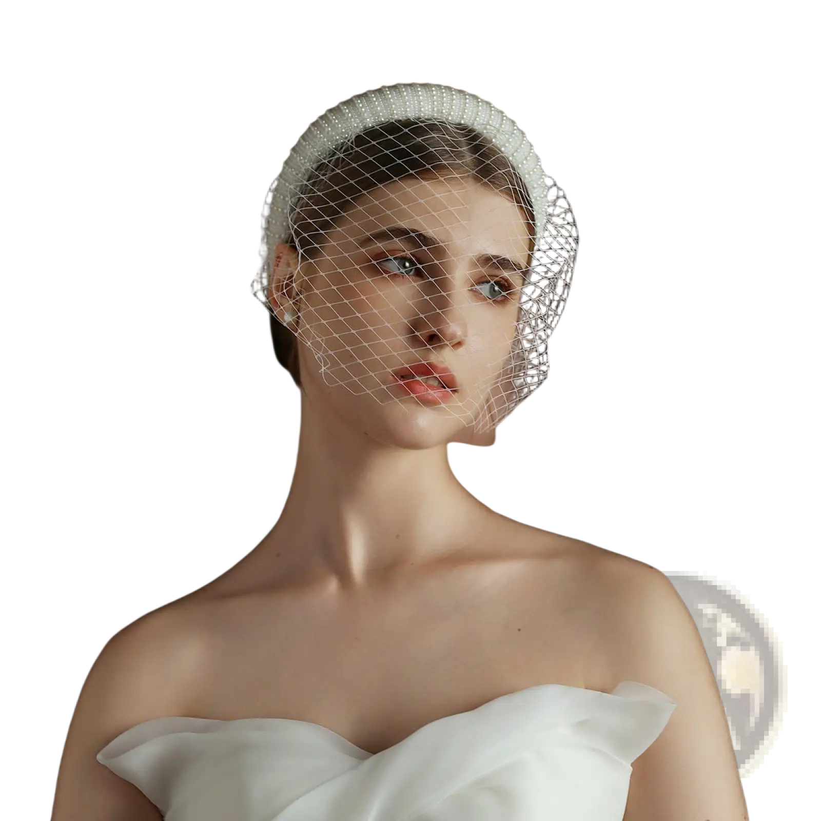 Vintage French Hepburn beaded bridal veil headband featuring a delicate white beaded veil with fine mesh netting