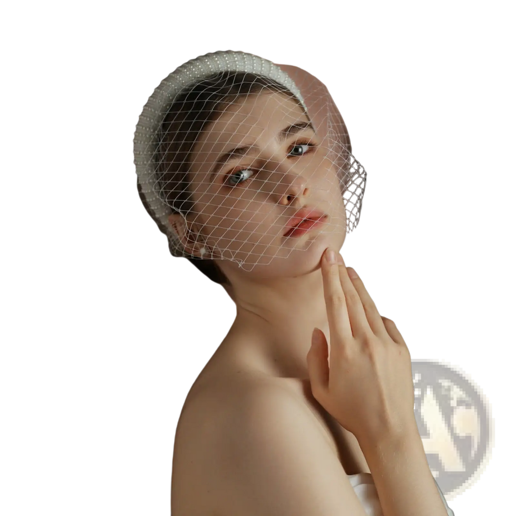 Delicate white beaded vintage french hepburn bridal veil headband with fine mesh netting for elegant weddings