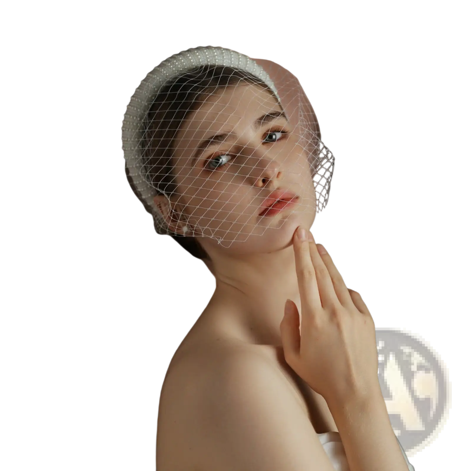 Delicate white beaded vintage french hepburn bridal veil headband with fine mesh netting for elegant weddings