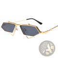 Vintage geometric gold metal frame sunglasses with dark gray lenses and an angular gold-toned design