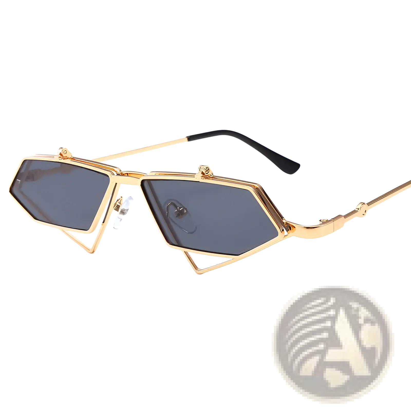 Vintage geometric gold metal frame sunglasses with dark gray lenses and an angular gold-toned design