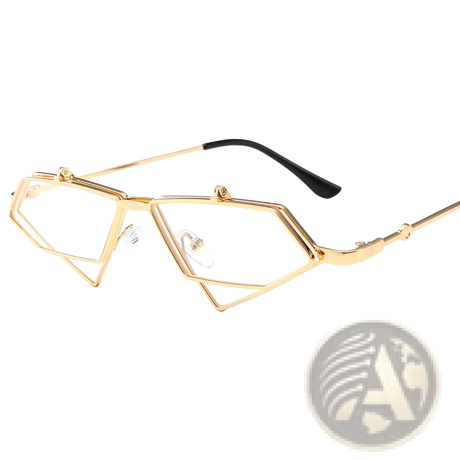 Vintage geometric gold metal frame sunglasses featuring gold-toned geometric frames with black temple tips