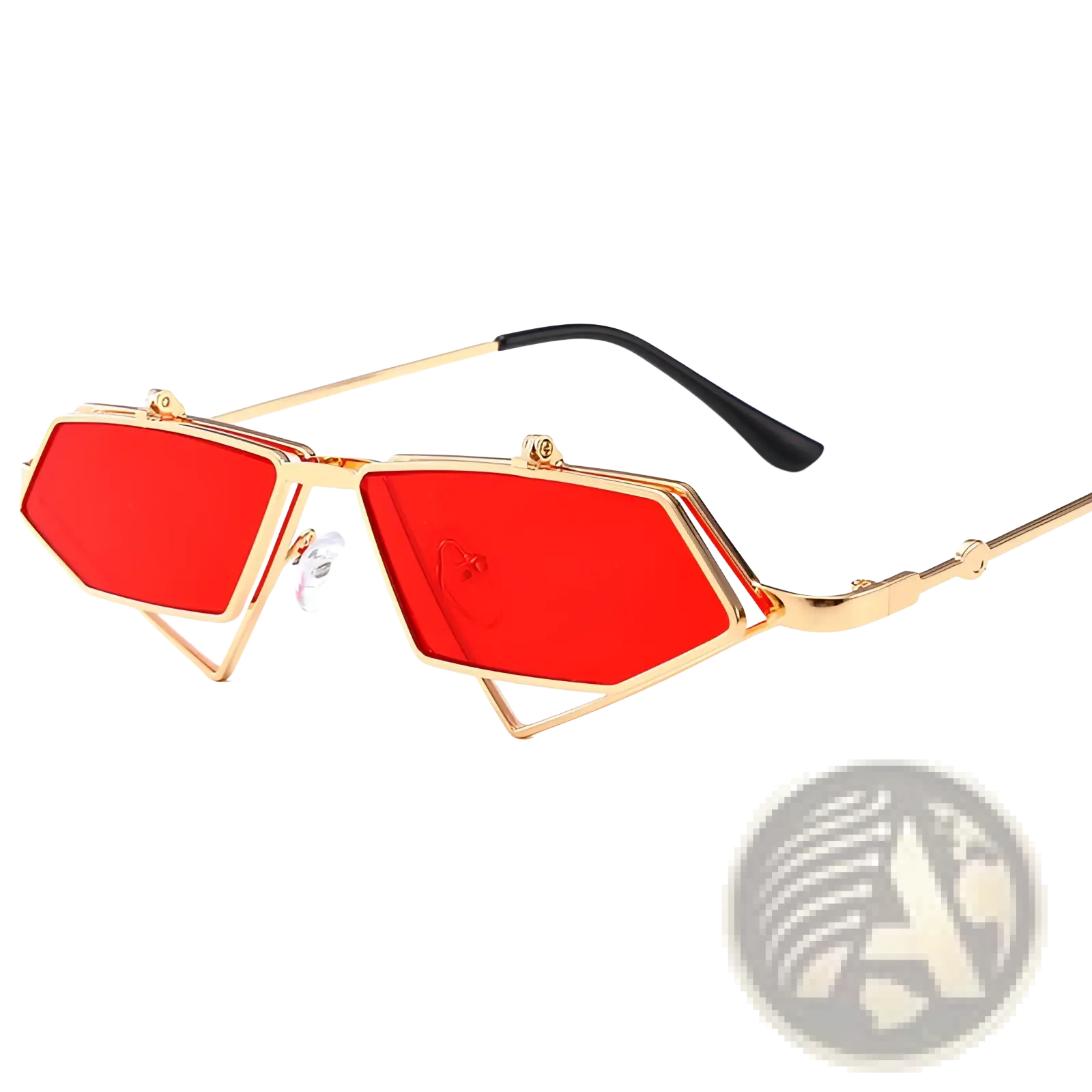 Vintage geometric gold metal frame sunglasses with bold red geometric lenses and black temple tips