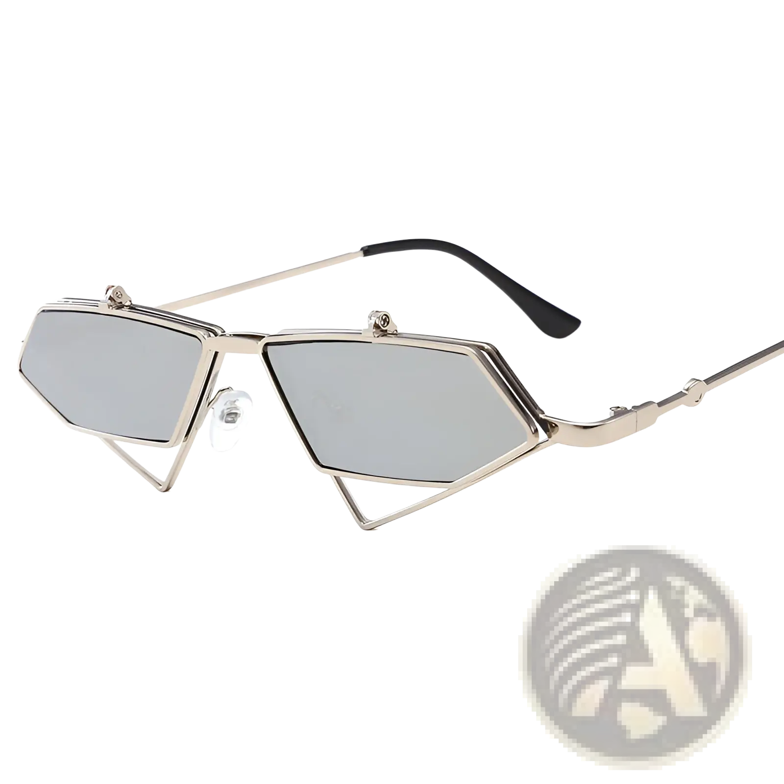 Silver-framed clip-on geometric sunglasses with mirrored lenses and black temple tips in vintage gold metal style