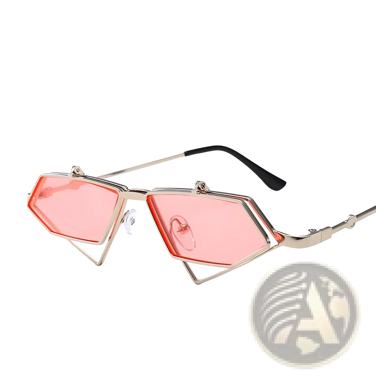 Pink geometric lens vintage sunglasses with gold metal frame and black temple tips for stylish eye protection