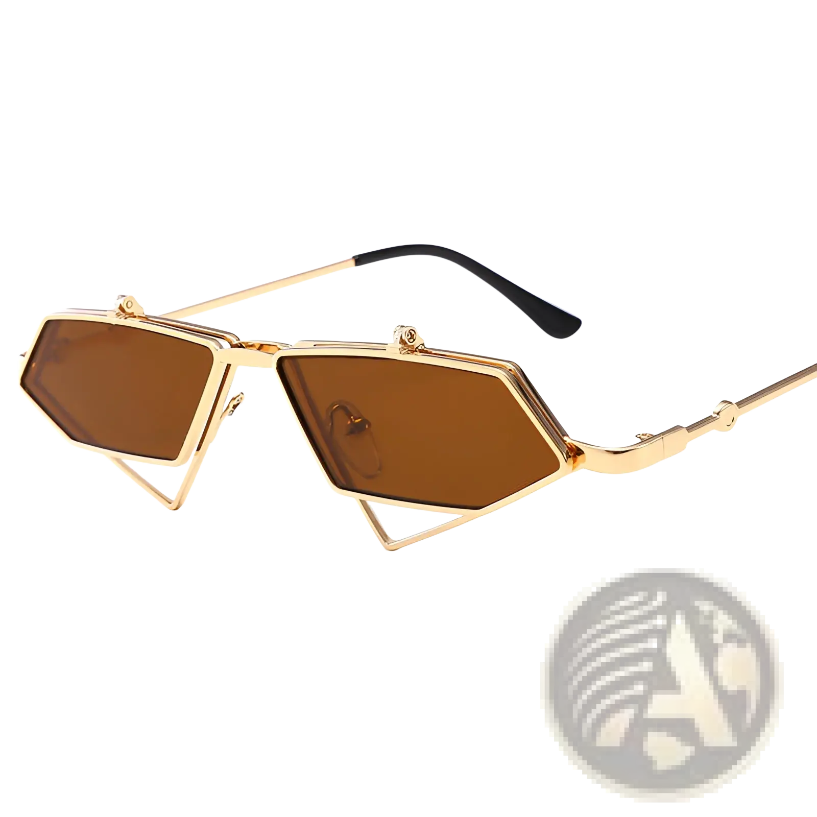 Vintage geometric gold metal frame sunglasses with gold-toned frames brown lenses and black temple tips