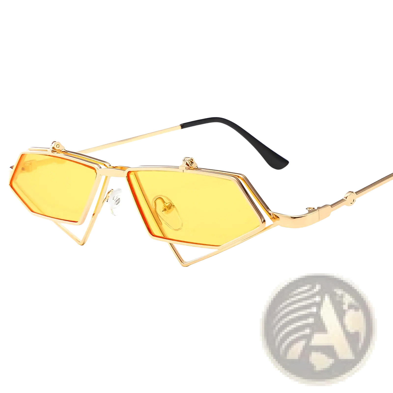 Vintage geometric gold metal frame sunglasses with vibrant yellow lenses and black temple tips in gold tone