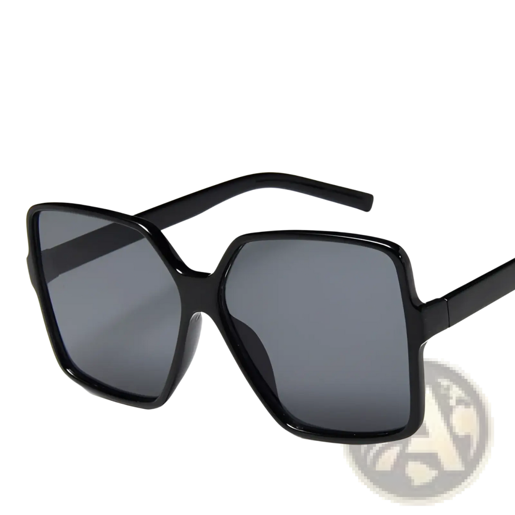 Vintage geometric oversized black square framed sunglasses with dark gray uv400 gradient lenses for sun protection