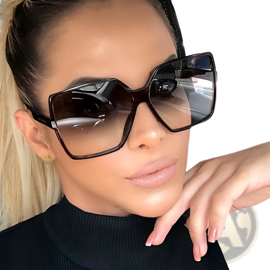 Black vintage geometric oversized sunglasses with UV400 gradient lenses for stylish sun protection