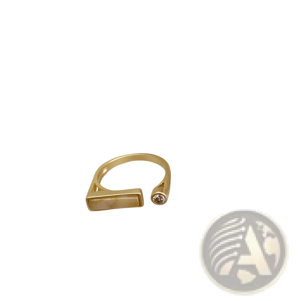 Gold-toned vintage geometric zircon marble adjustable ring with rectangular translucent stone and round gemstone accent
