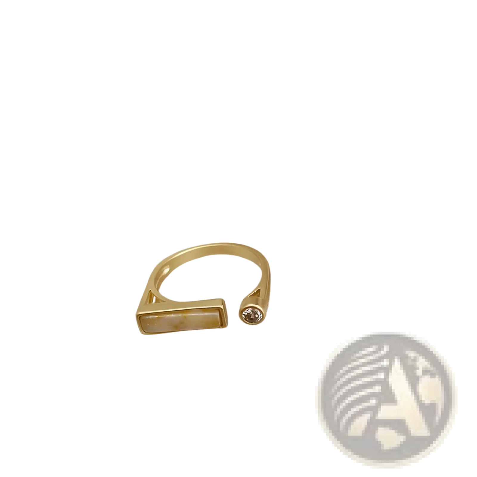Gold-toned vintage geometric zircon marble adjustable ring with rectangular translucent stone and round gemstone accent