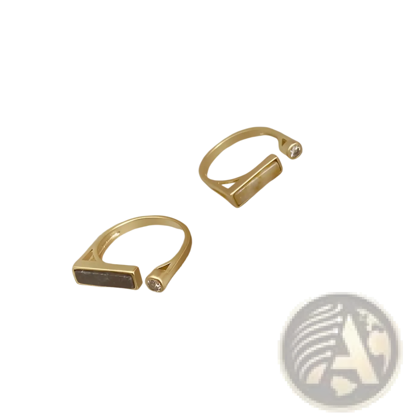 Gold-toned vintage geometric zircon marble adjustable rings with rectangular stone inlays and small diamond accents