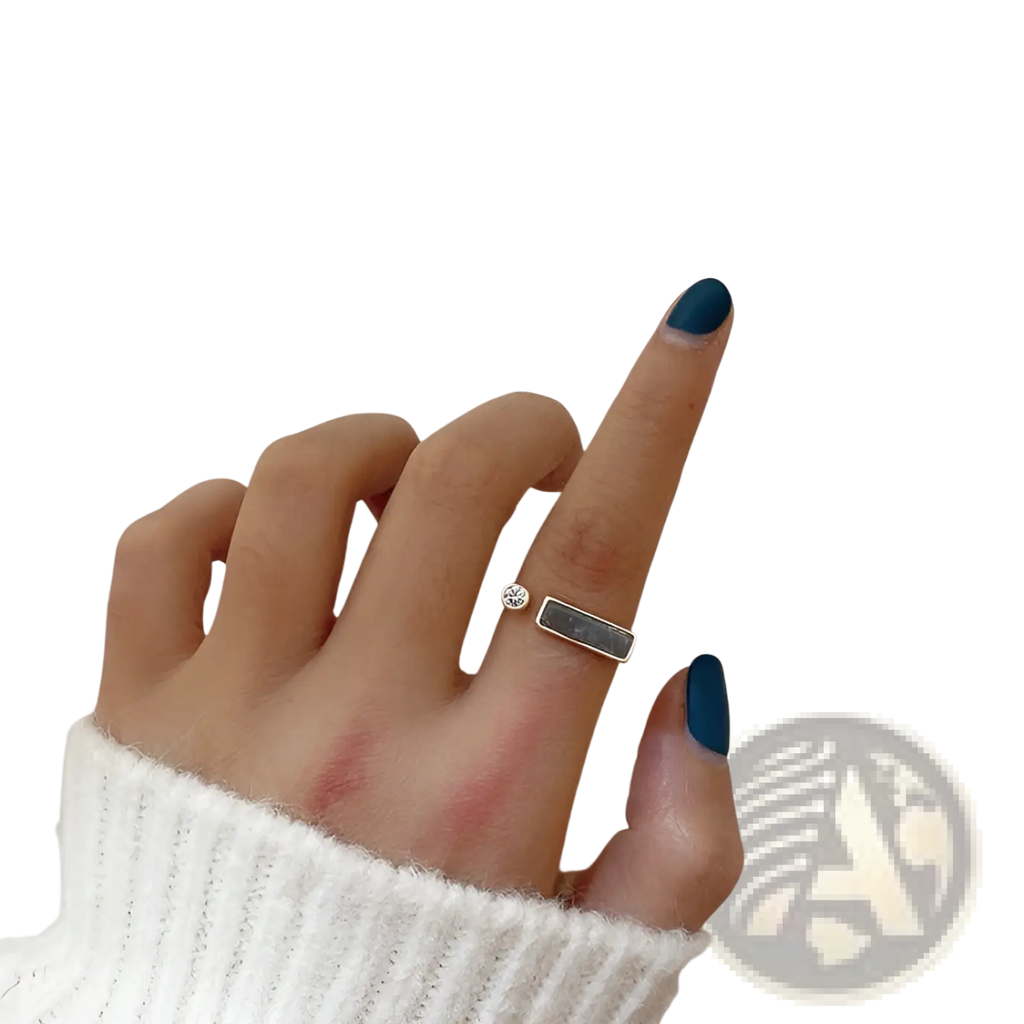 Silver adjustable vintage geometric ring with a rectangular dark gray zircon stone and small round diamond accent