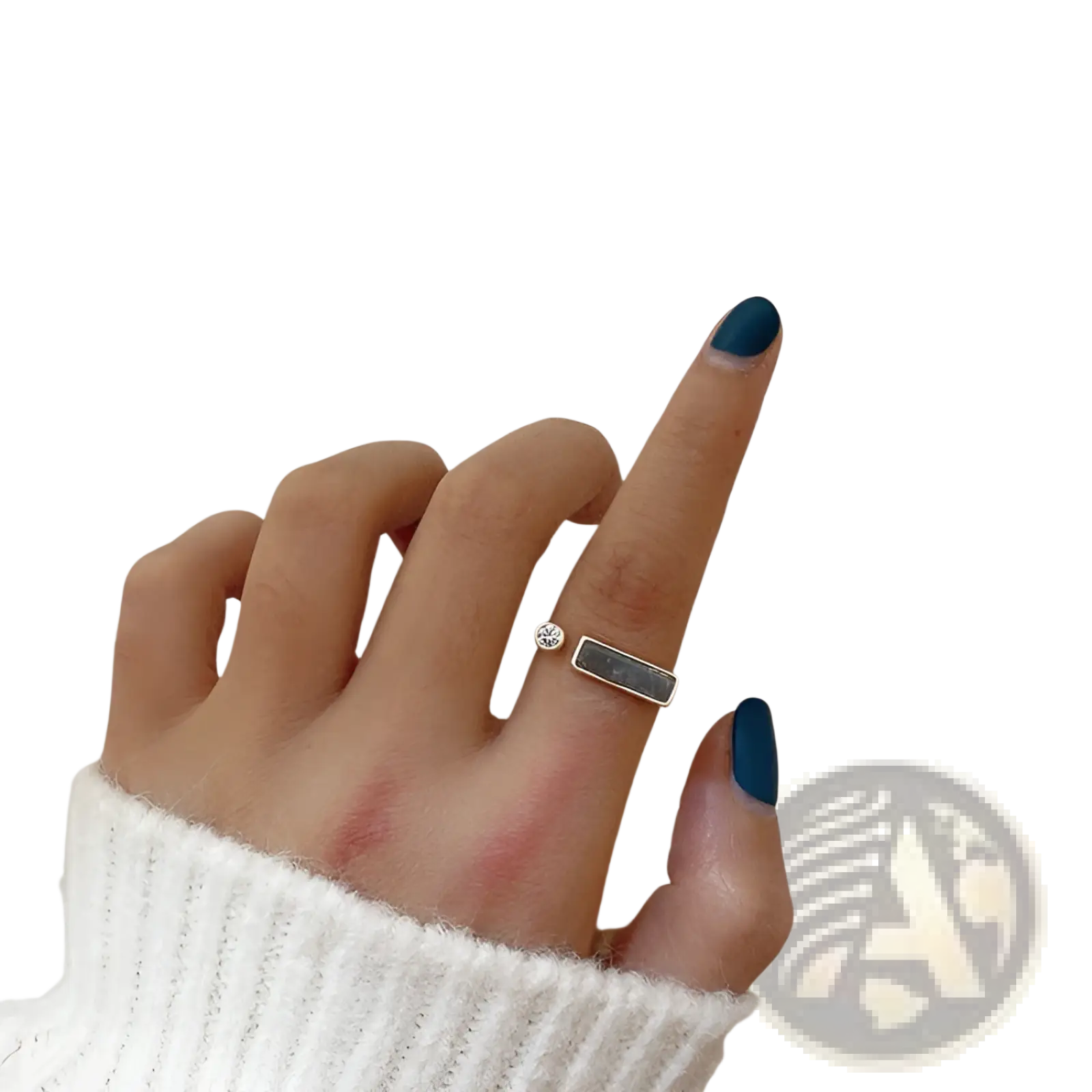 Silver adjustable vintage geometric ring with a rectangular dark gray zircon stone and small round diamond accent