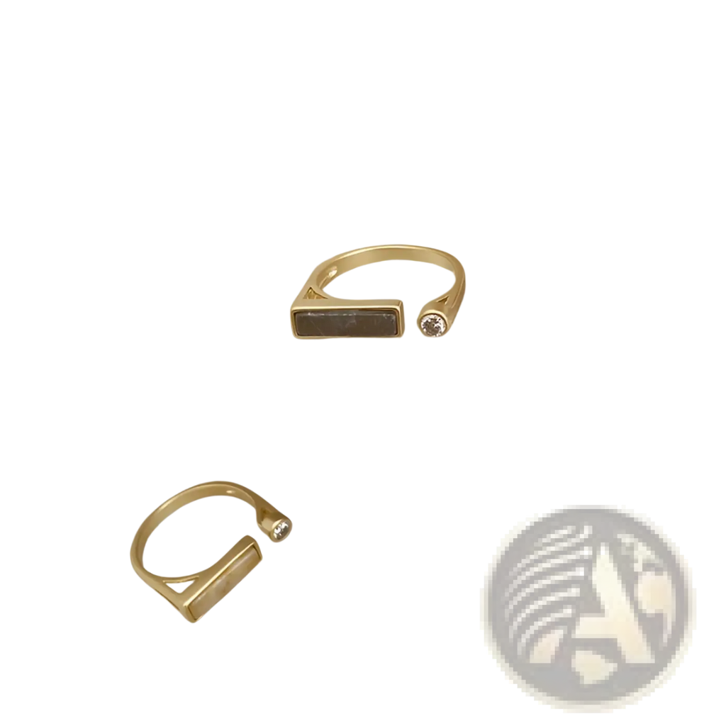 Gold-toned vintage geometric zircon marble adjustable ring with a rectangular dark stone and clear gemstone accent