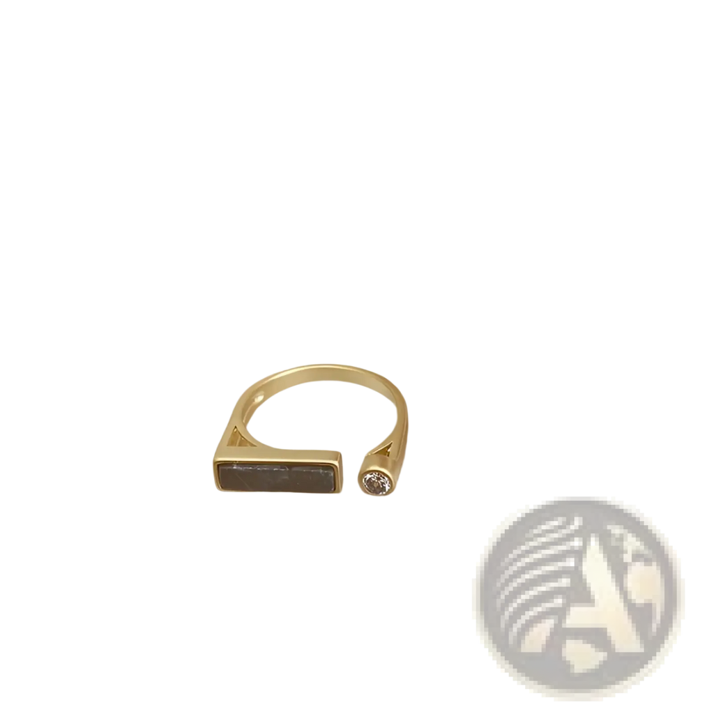 Vintage geometric zircon marble adjustable ring in gold tone with rectangular dark stone and small round gemstone accent