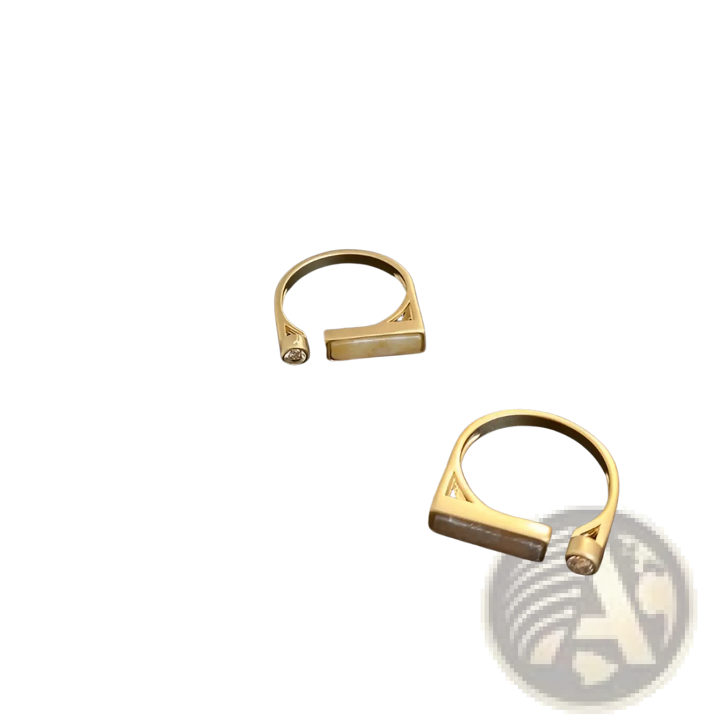 Vintage geometric zircon marble adjustable ring in gold tone with rectangular bar centerpiece and clear side gemstones