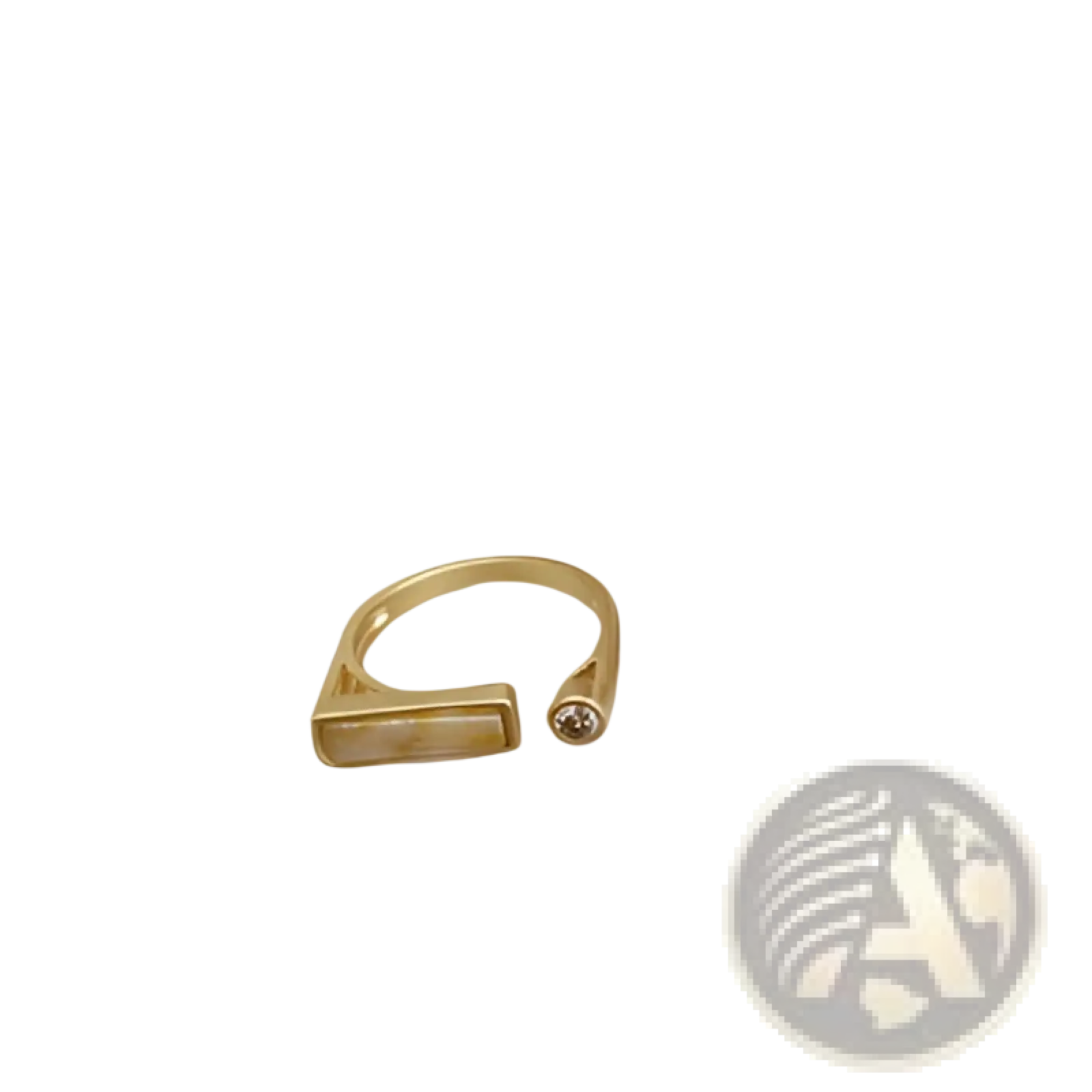 Vintage geometric zircon marble adjustable ring in gold tone with rectangular open face and small round gemstone accent