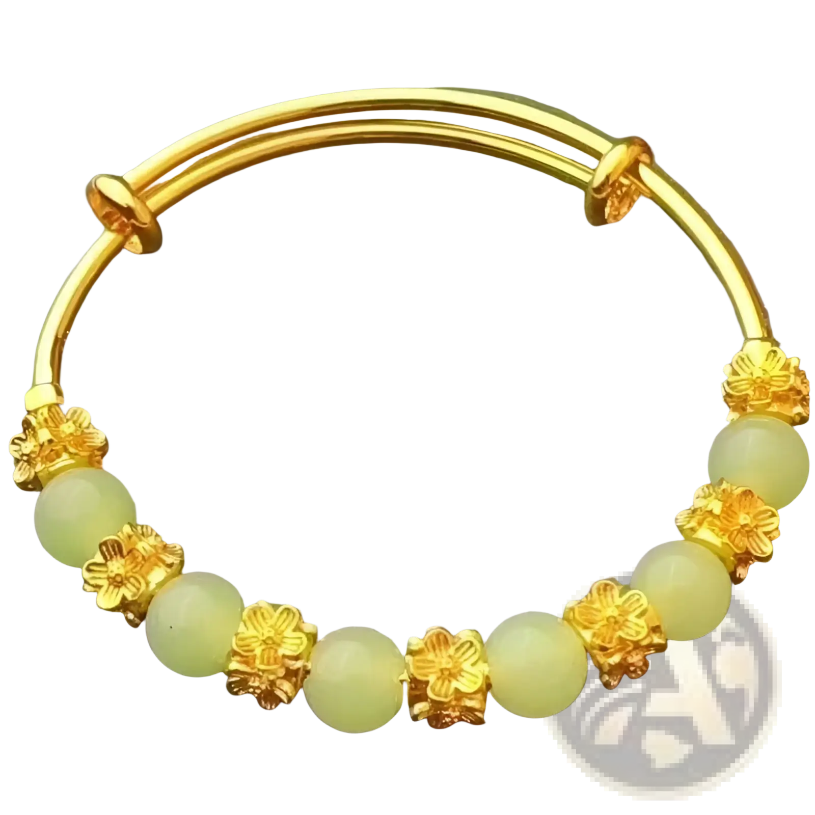 Delicate gold plated chalcedony bangle bracelet featuring pale green jade beads and intricate gold floral charms