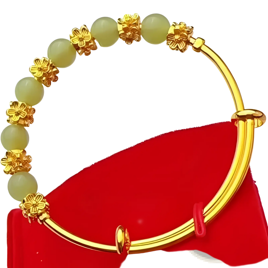 Vintage gold plated chalcedony flower bangle bracelet with gold tone and pale green jade beads and flower charms