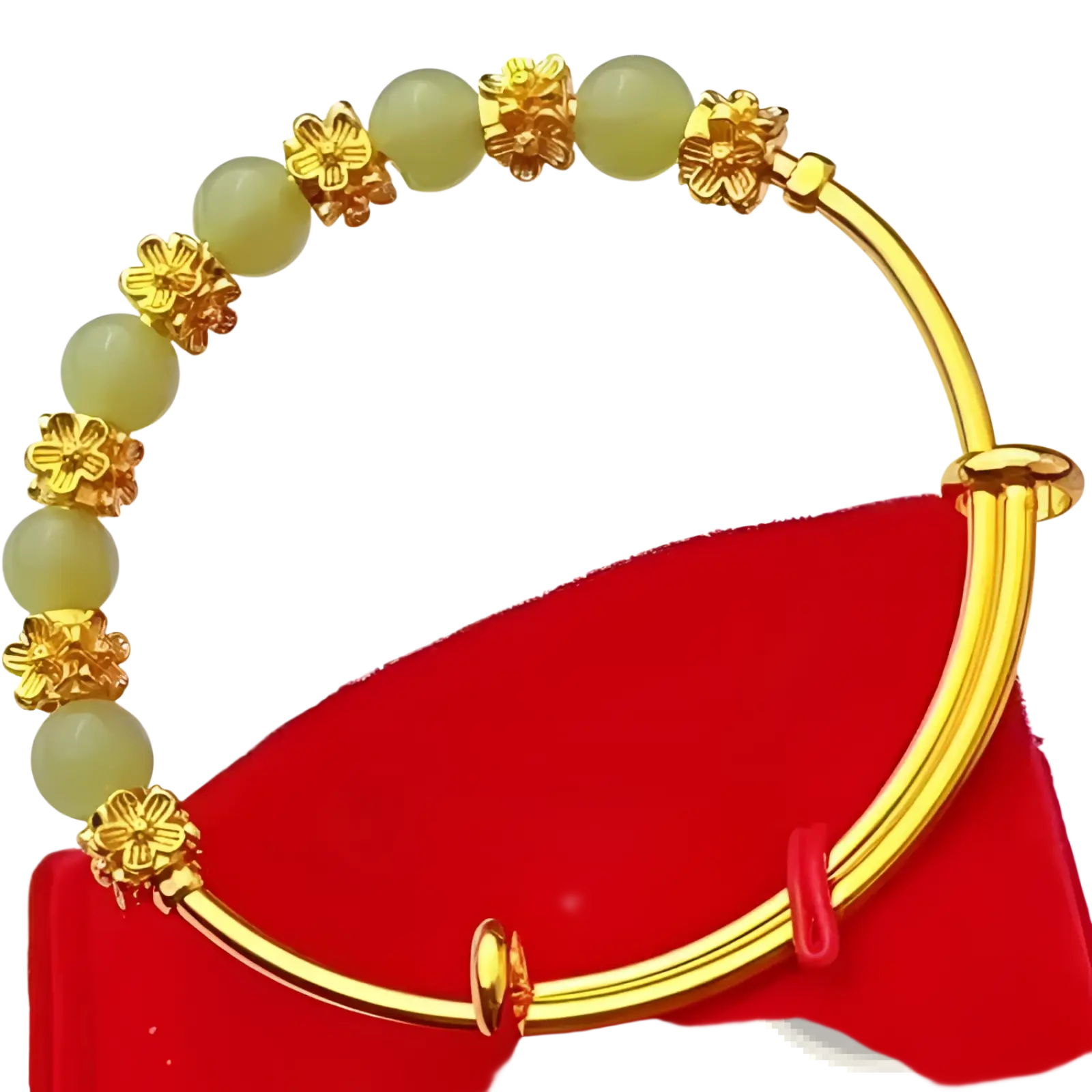 Vintage gold plated chalcedony flower bangle bracelet with gold tone and pale green jade beads and flower charms