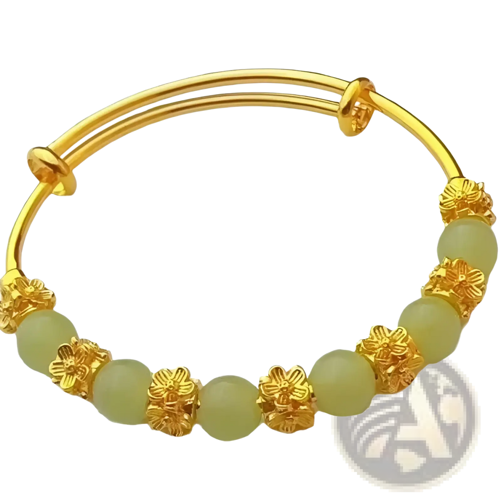 Vintage gold plated chalcedony flower bangle bracelet with pale green jade beads and floral gold toned metal accents