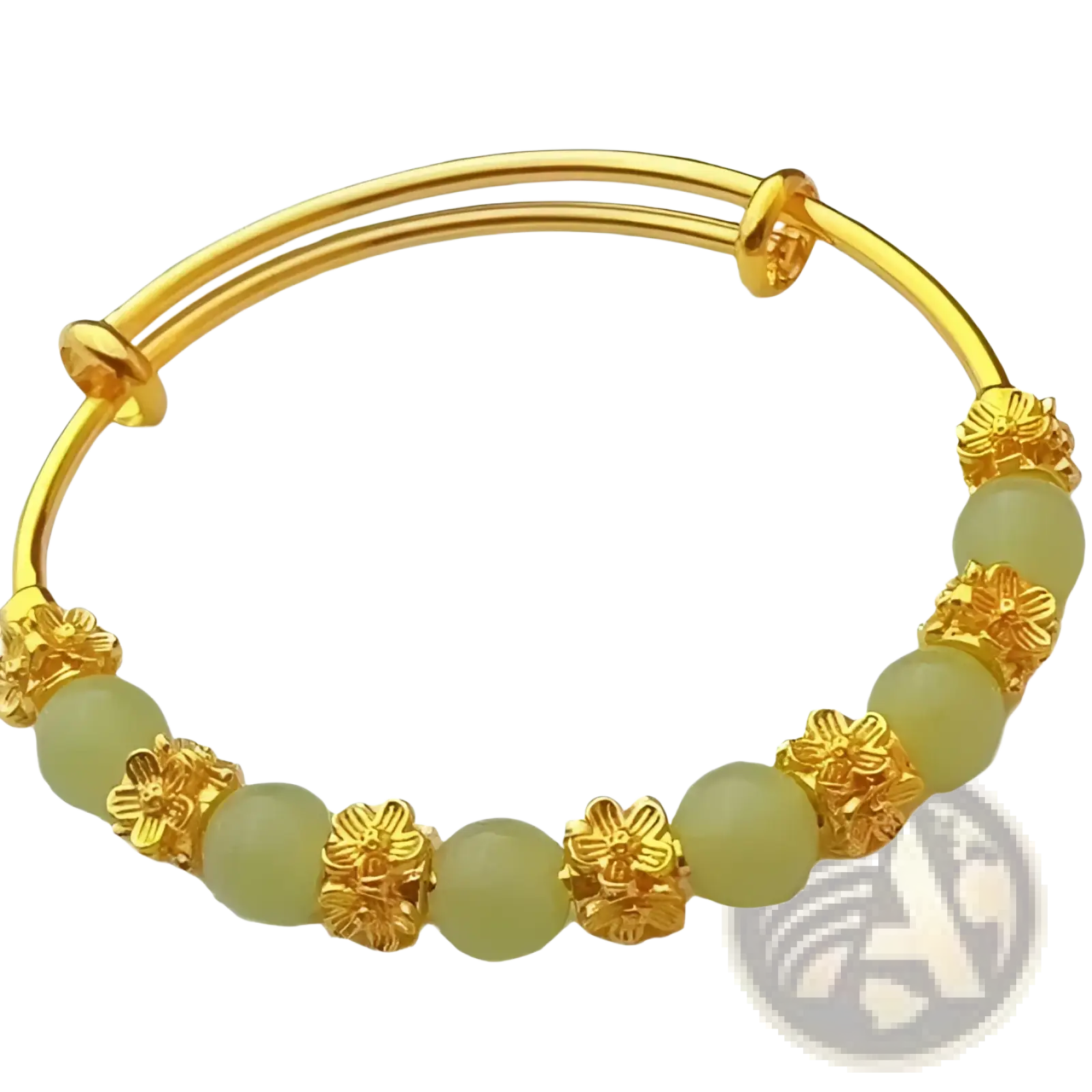 Vintage gold plated chalcedony flower bangle bracelet with pale green jade beads and floral gold toned metal accents