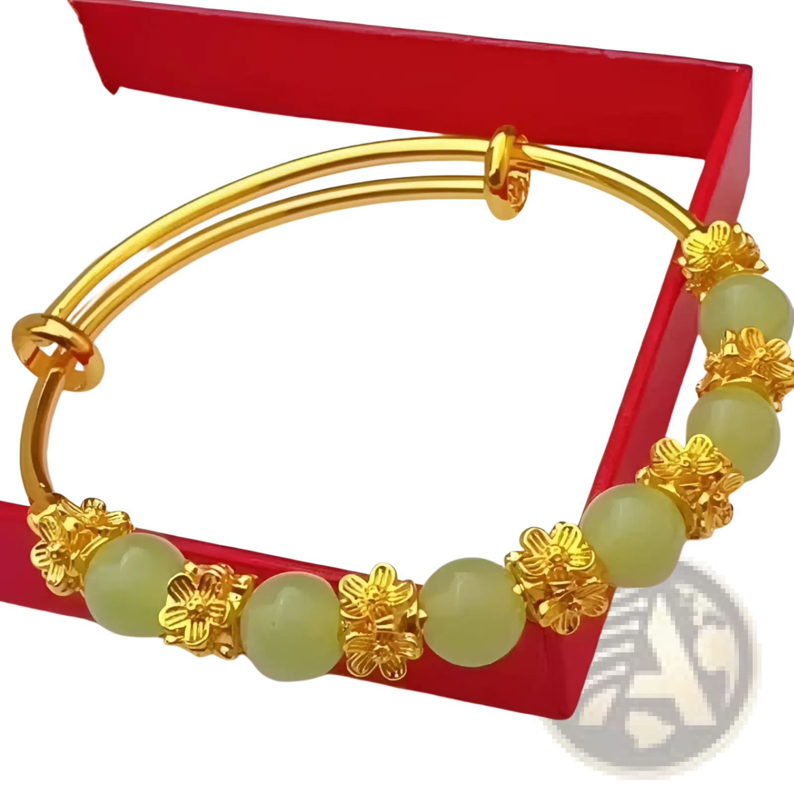 Vintage gold plated chalcedony flower bangle bracelet with gold-toned metal and light green jade beads separated by floral accents