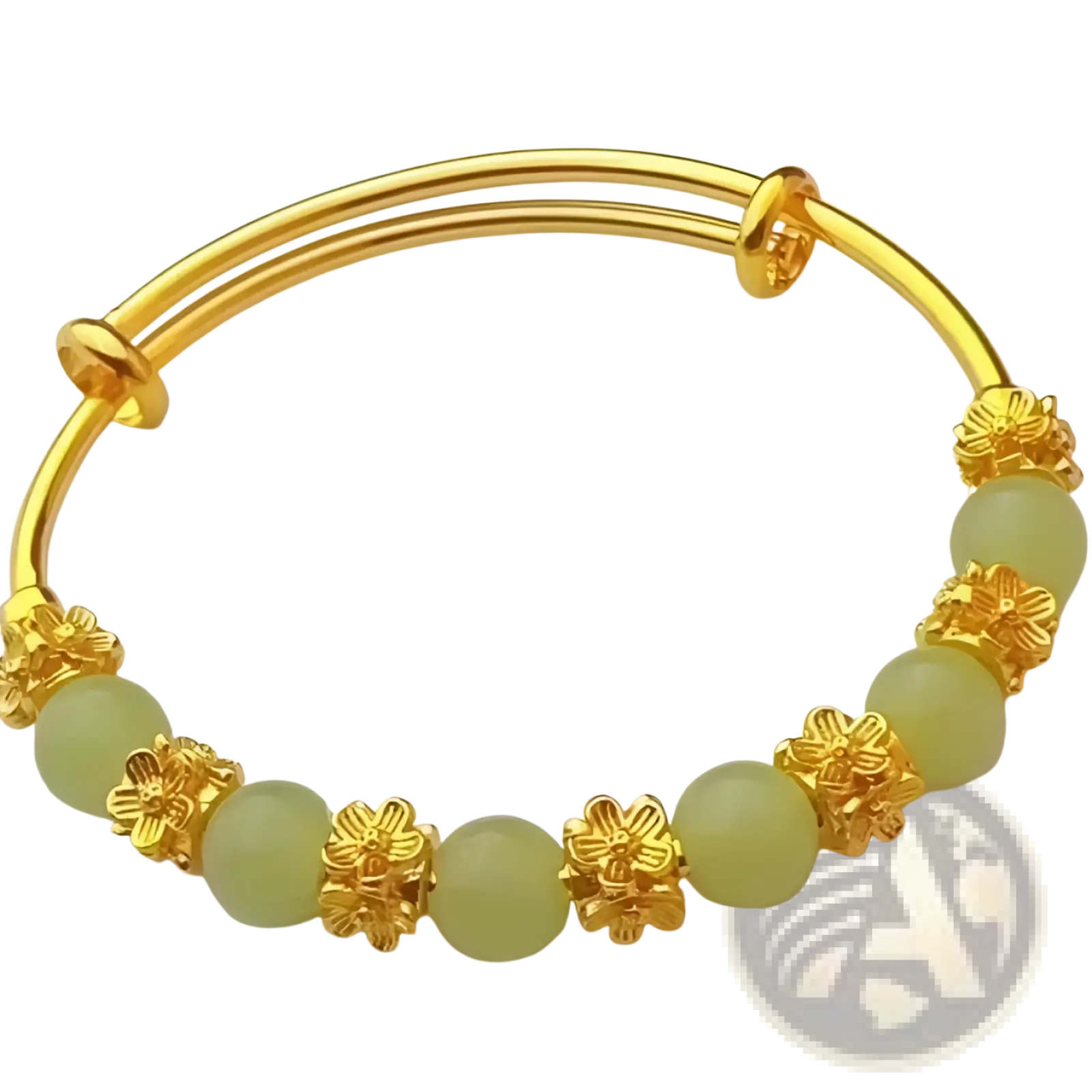 Vintage gold plated chalcedony flower bangle bracelet with gold-toned band and pale green jade beads and floral charms