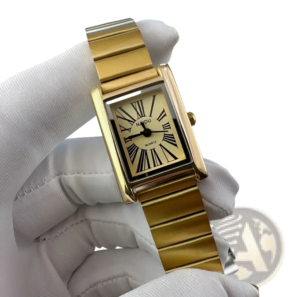 Vintage gold rectangular quartz watch for women with roman numerals and matching gold-tone nandu bracelet