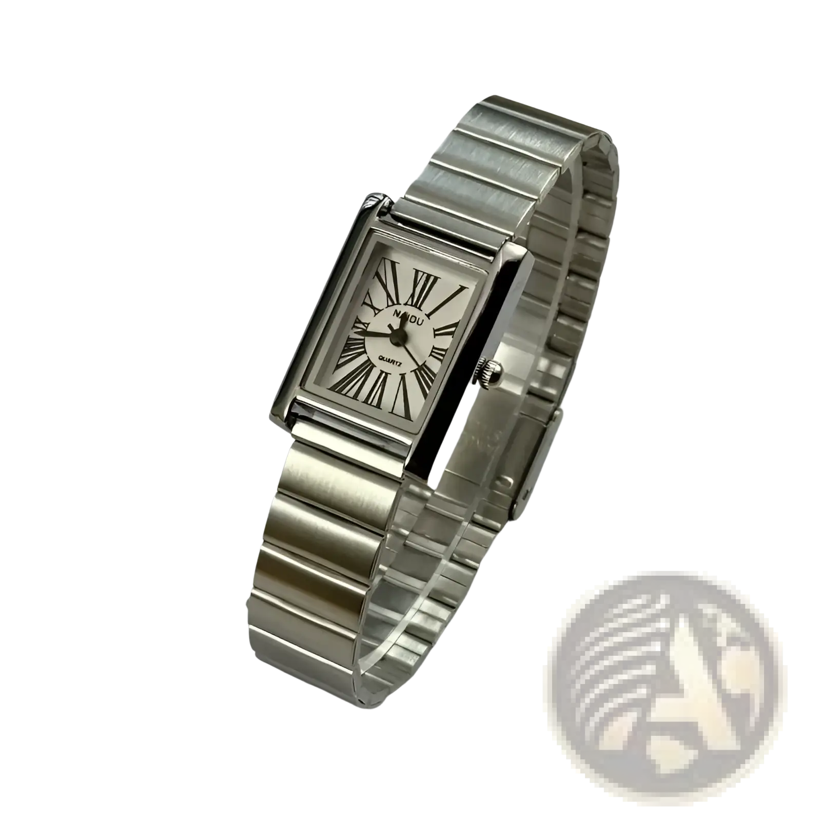 Silver rectangular analog wristwatch with sleek metallic band and roman numeral dial in vintage gold style for women
