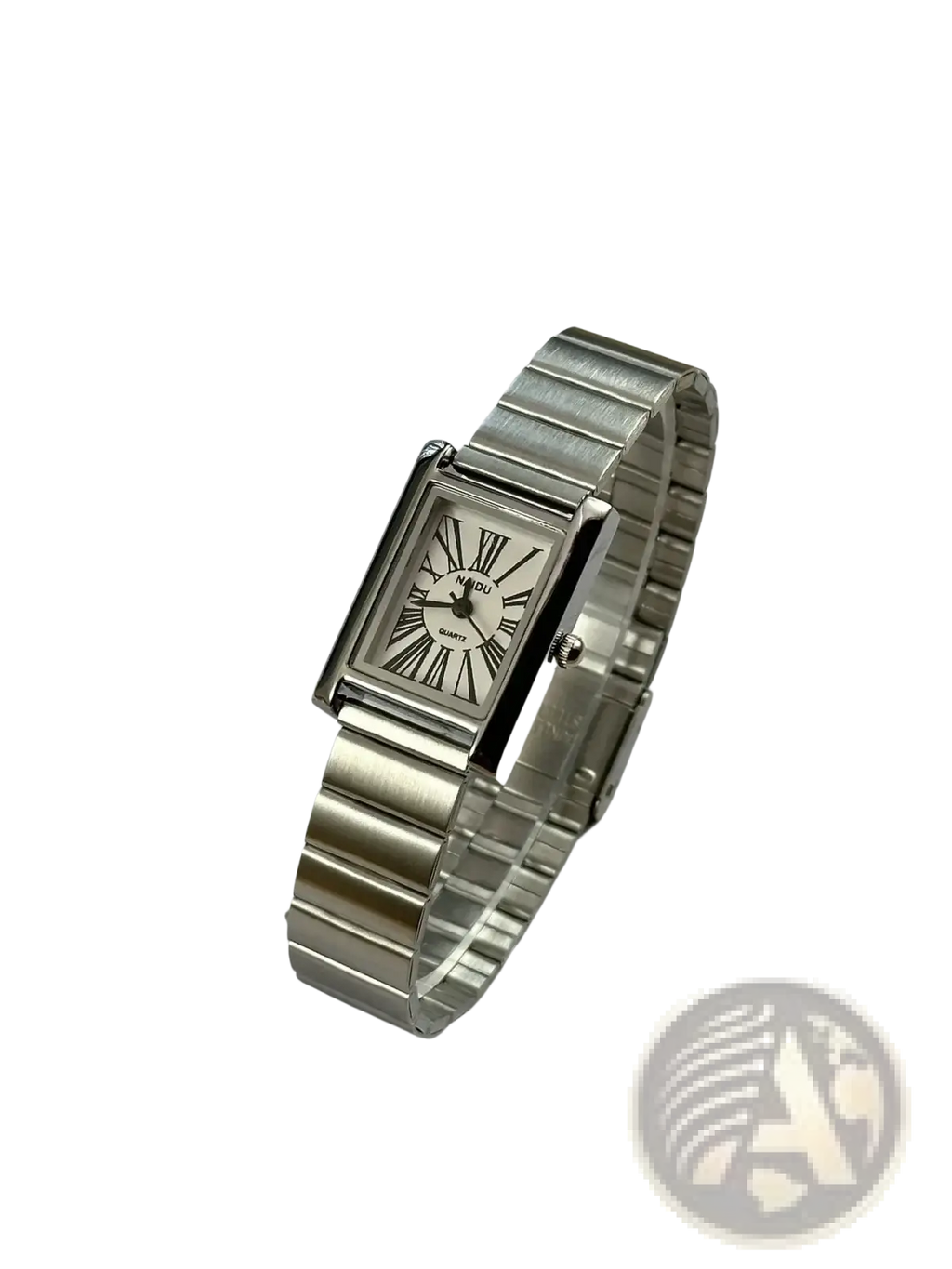 Vintage gold rectangular quartz watch for women with silver metallic band and cream analog face featuring roman numerals