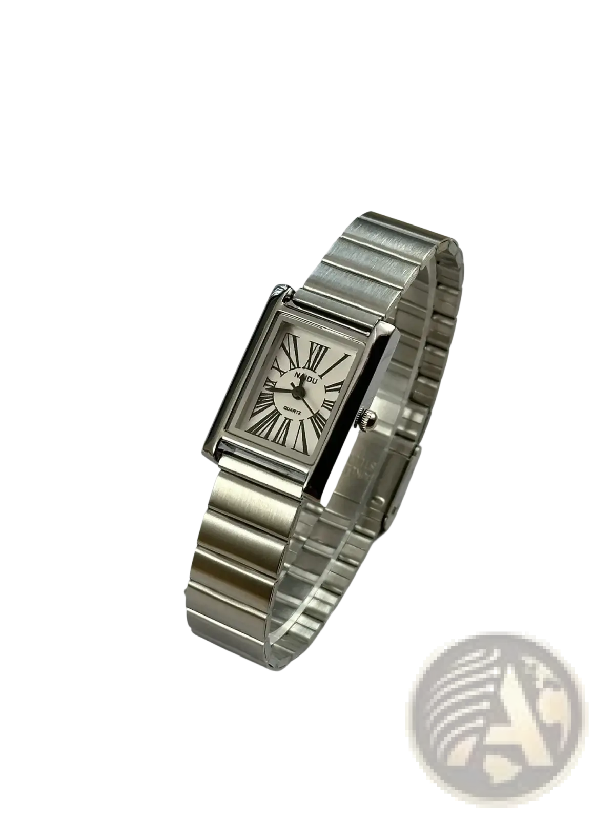 Vintage gold rectangular quartz watch for women with silver metallic band and cream analog face featuring roman numerals