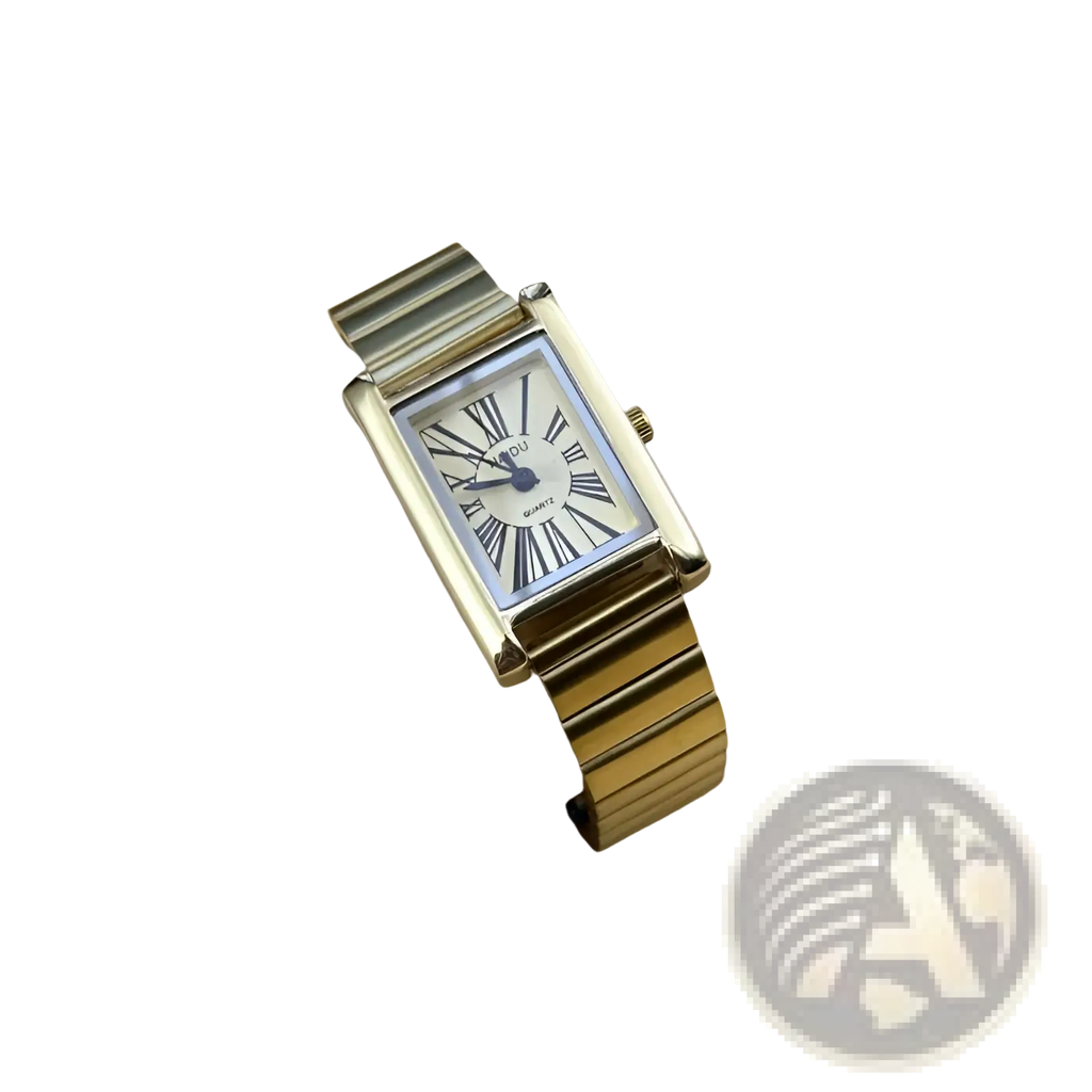 Vintage gold rectangular quartz watch for women with a silver dial, roman numeral markers, and elegant metal bracelet design