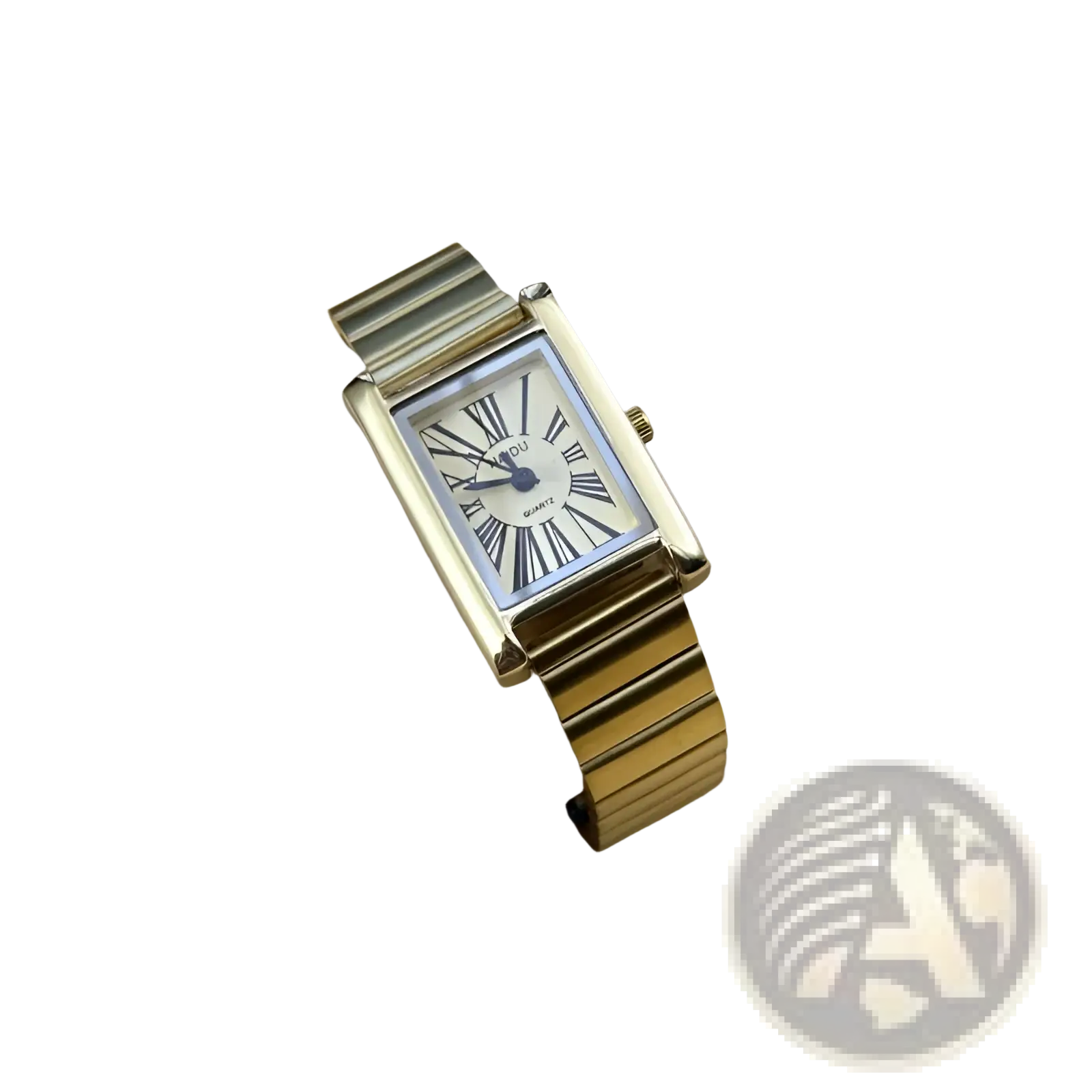 Vintage gold rectangular quartz watch for women with a silver dial, roman numeral markers, and elegant metal bracelet design
