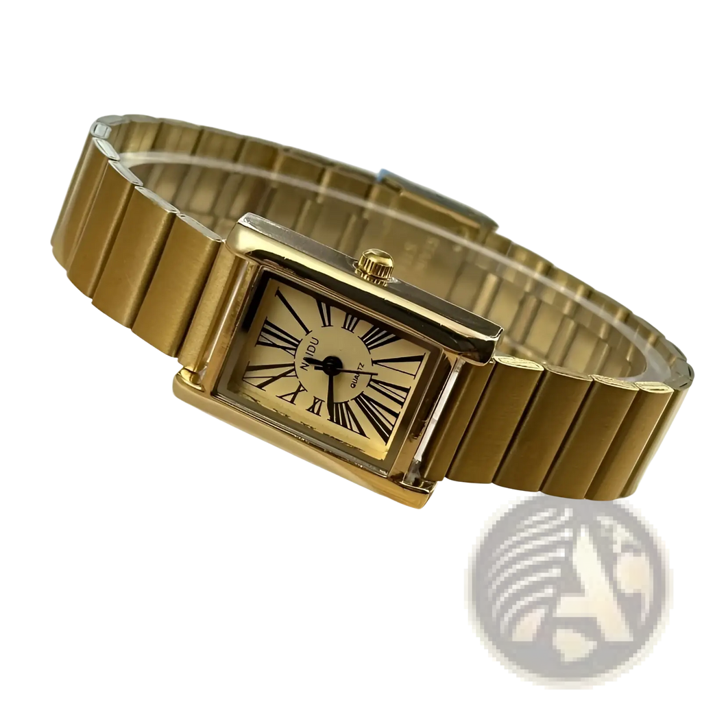 Vintage gold rectangular quartz watch for women with a gold-toned rectangular case and roman numeral dial