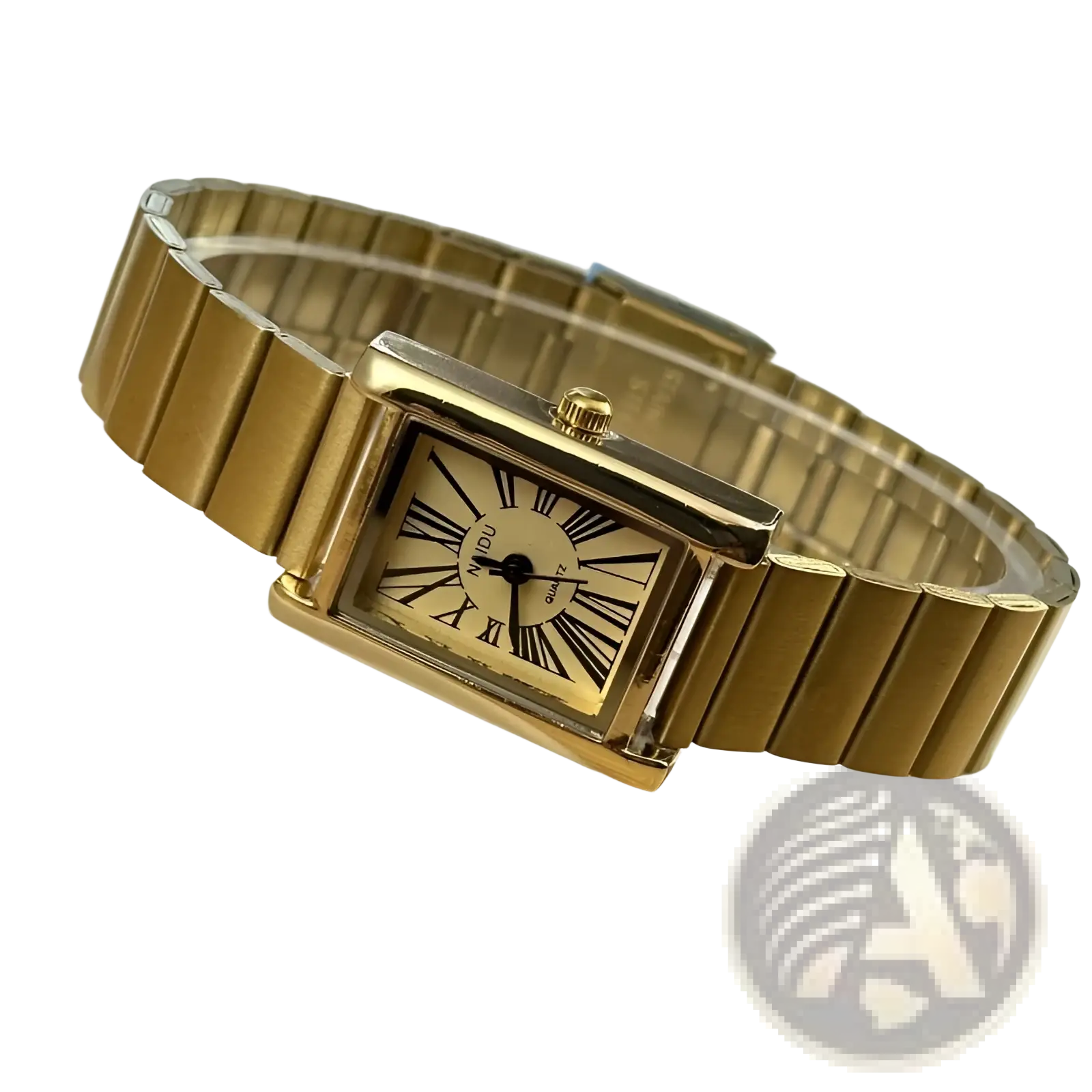 Vintage gold rectangular quartz watch for women with a gold-toned rectangular case and roman numeral dial