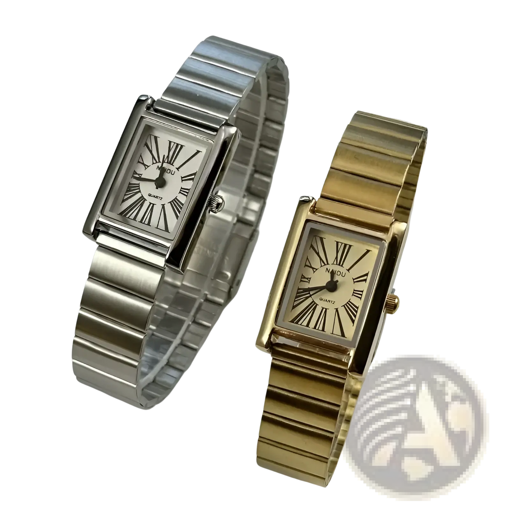 Two rectangular-faced naidu quartz watches in silver and gold-tone metal with roman numerals on cream dials for women
