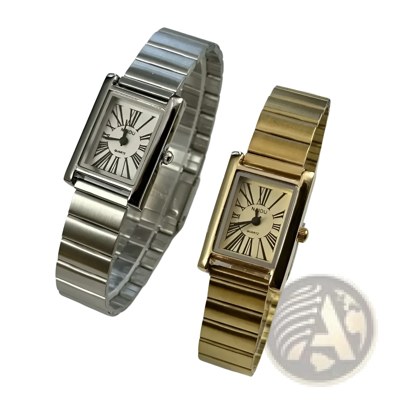 Two rectangular-faced naidu quartz watches in silver and gold-tone metal with roman numerals on cream dials for women