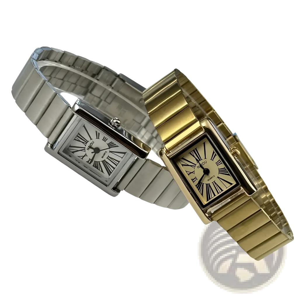 Two vintage gold rectangular quartz wristwatches for women with silver and gold tone metallic link bands