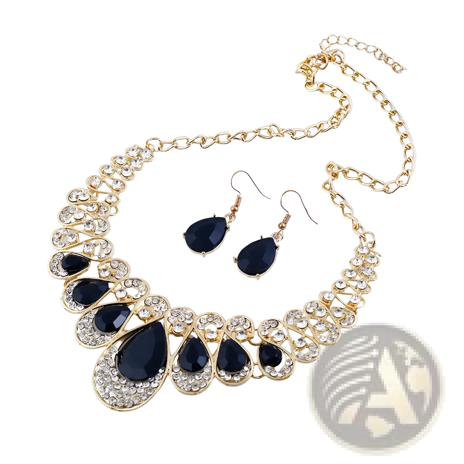 Vintage gold teardrop crystal bridal jewelry set featuring a gold-toned necklace with black stones and matching earrings