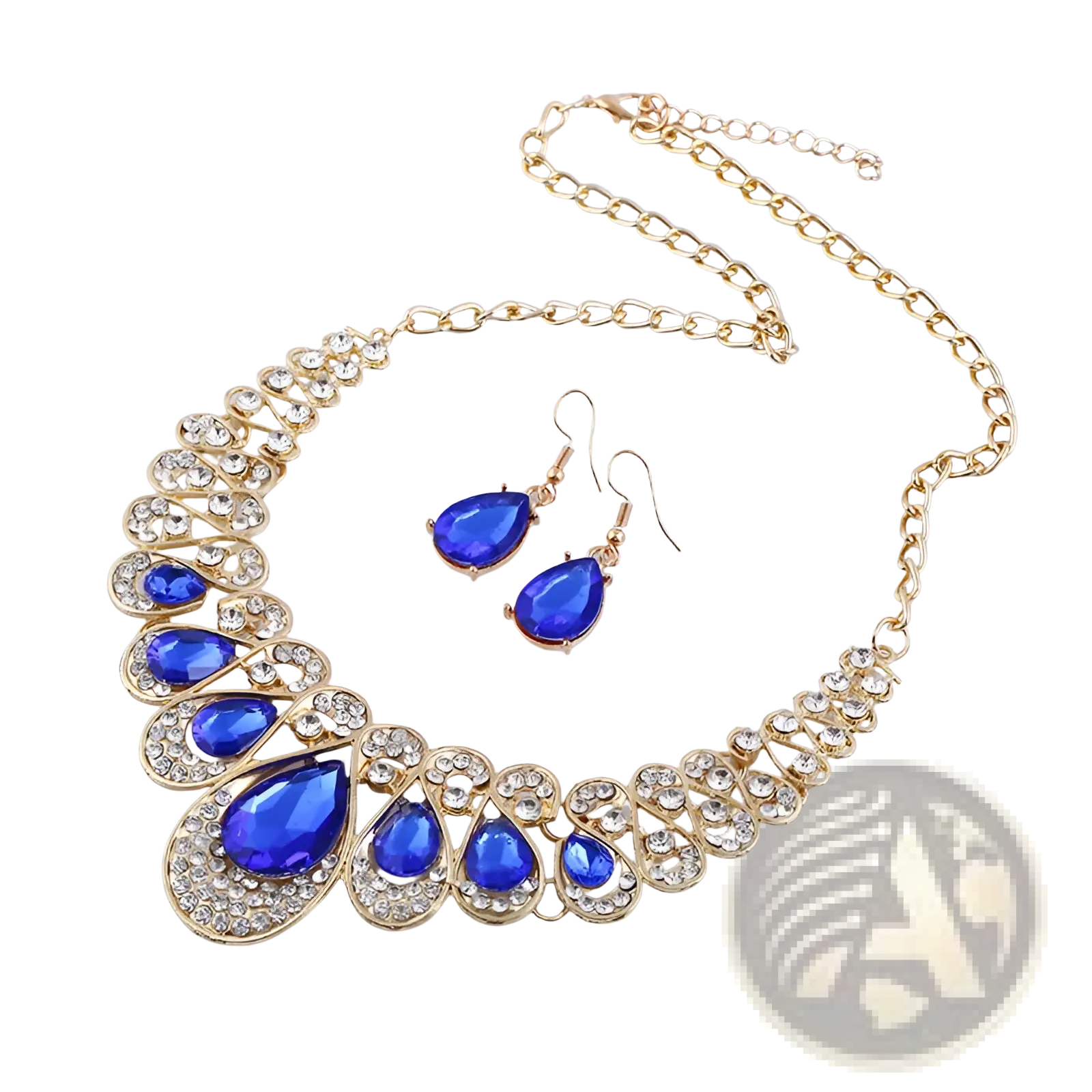 Vintage gold teardrop crystal bridal necklace with bold peacock design featuring royal blue and clear rhinestones