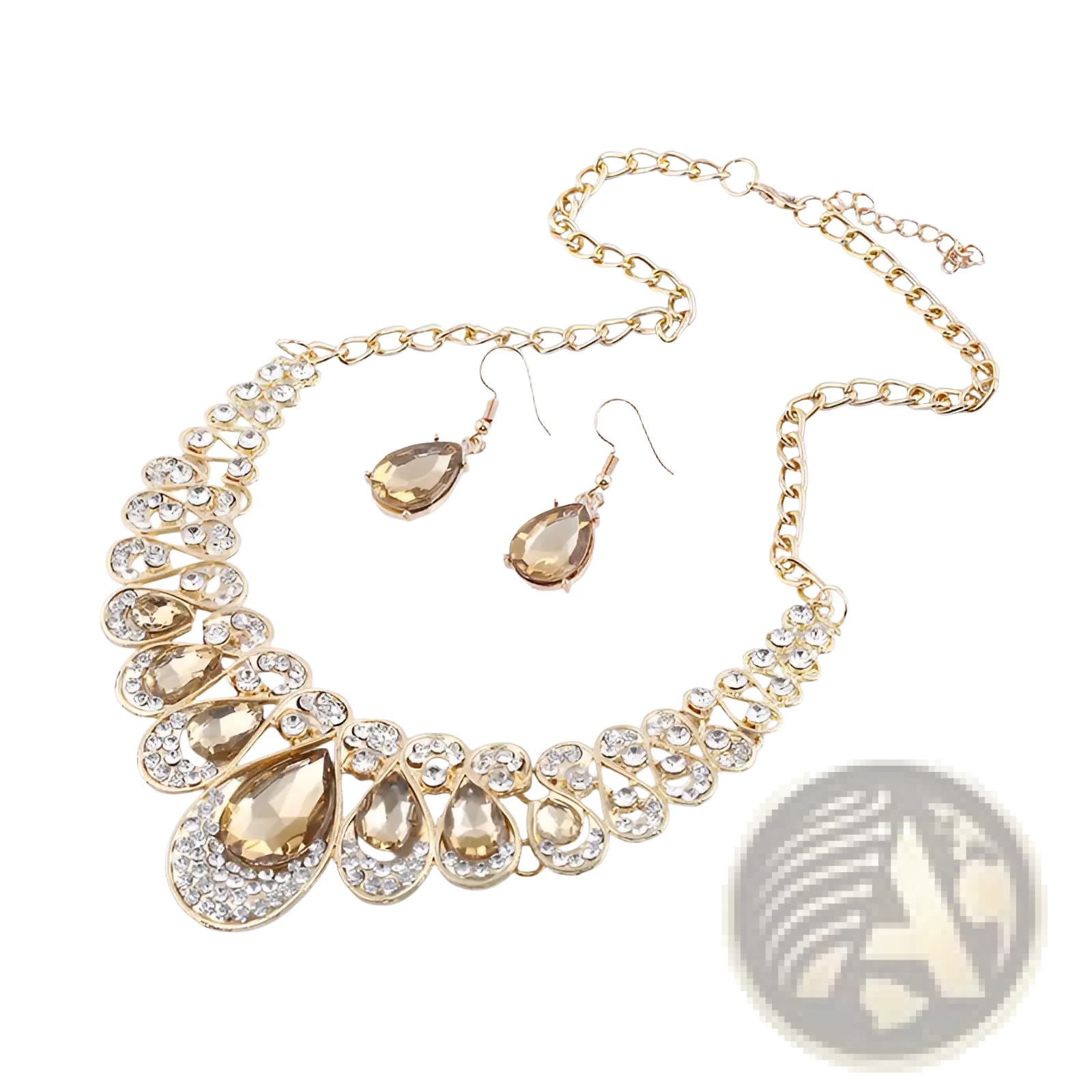 Vintage gold teardrop crystal bridal necklace with cascading amber crystals and clear rhinestones in ornate metal frame
