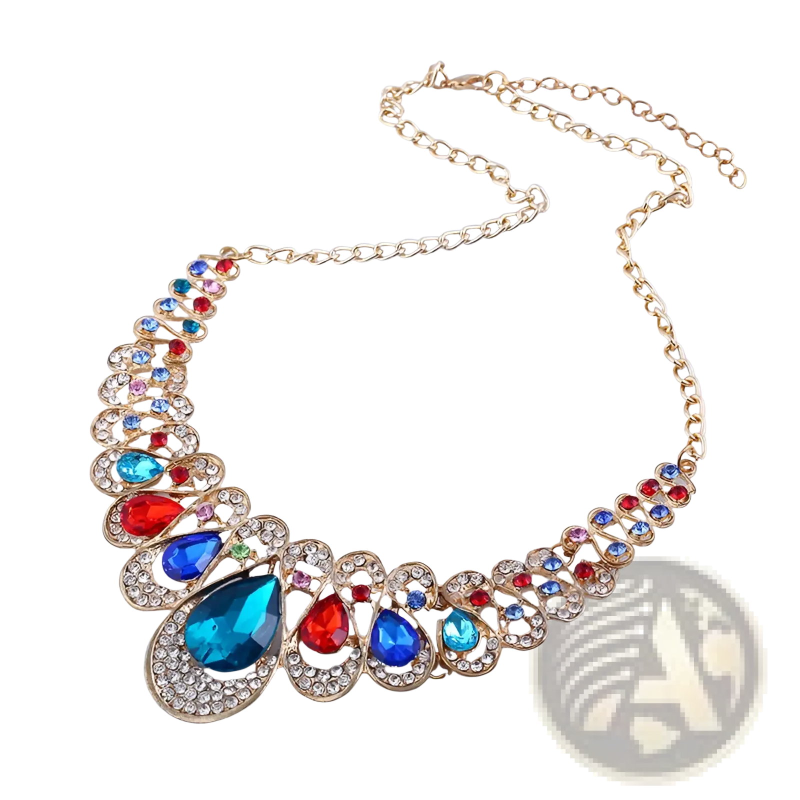 Vintage gold teardrop crystal bridal jewelry set with a vibrant gold necklace featuring colorful teardrop crystals and clear rhinestones